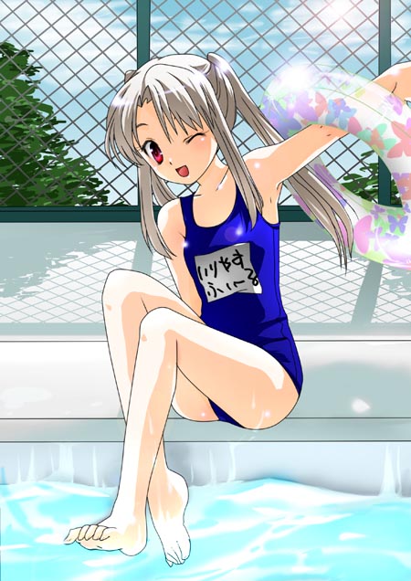 illyasviel von einzbern, fate/stay night, fate (series), artist request, 00s, 1girl, barefoot, blue one-piece swimsuit, blue school swimsuit, blush, breasts, bush, chain-link fence, collarbone, fence, grey hair, innertube, long hair, looking at viewer, name tag, one-piece swimsuit, one eye closed, open mouth, pool, red eyes, school swimsuit, small breasts, smile, soaking feet, sun, swim ring, swimsuit, twintails, water, wink