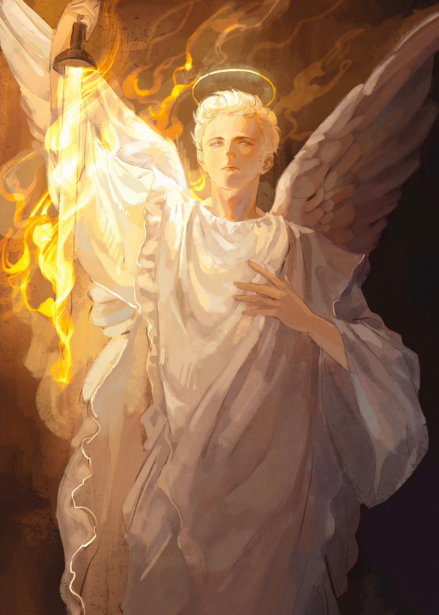 mianlei yanjiu xuezhe, aziraphale (good omens), good omens, highres, 1boy, angel, angel wings, blue eyes, fire, halo, holding, holding sword, holding weapon, robe, solo, sword, weapon, white robe, wings
