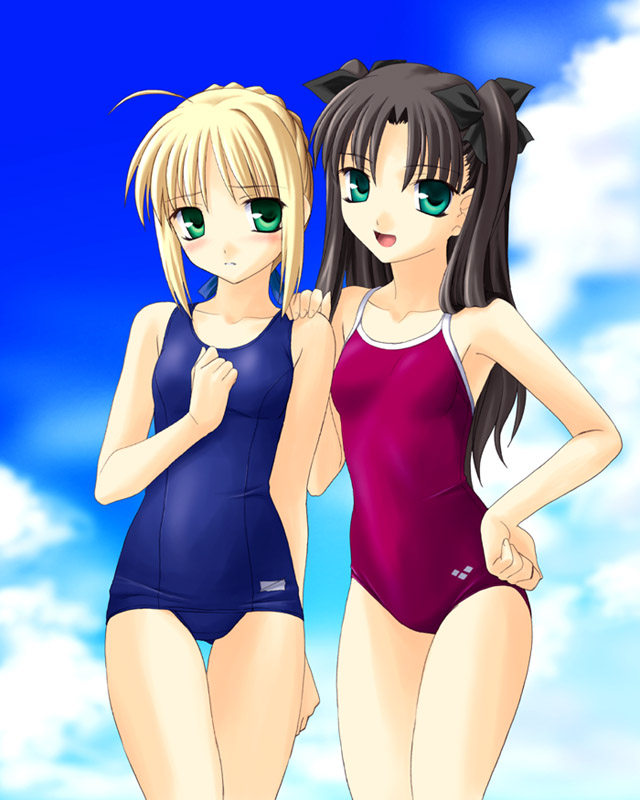 artoria pendragon (fate), saber (fate), tohsaka rin, fate/stay night, fate (series), 00s, 2girls, ahoge, blonde hair, blue one-piece swimsuit, blush, cloud, female focus, green eyes, hand on another's shoulder, long hair, multiple girls, one-piece swimsuit, open mouth, school swimsuit, sky, swimsuit