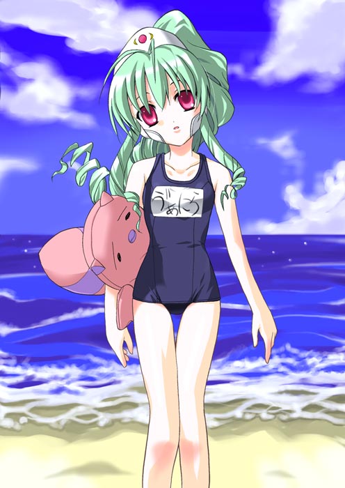 vanilla h, galaxy angel, artist request, 1girl, beach, blue one-piece swimsuit, blue school swimsuit, breasts, cloud, collarbone, green hair, hat, loli, long hair, looking at viewer, name tag, ocean, one-piece swimsuit, open mouth, ponytail, red eyes, ringlets, sand, school swimsuit, sky, small breasts, standing, stuffed animal, stuffed bird, stuffed toy, swimsuit, water, white hat