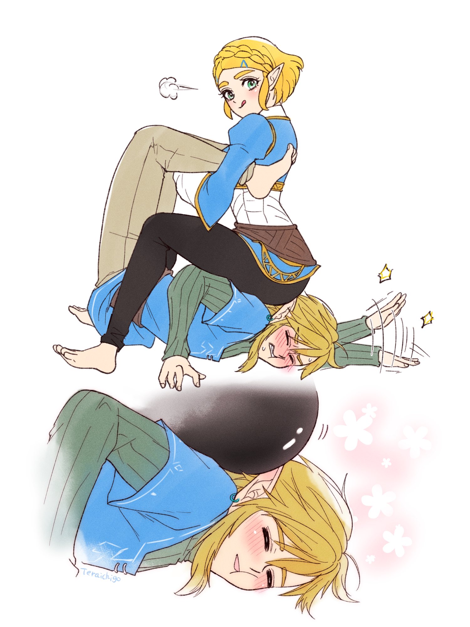 teraichigo, link, princess zelda, nintendo, the legend of zelda, the legend of zelda: tears of the kingdom, commentary request, highres, 1boy, 1girl, barefoot, black pants, blonde hair, blue shirt, blue tunic, blush, braid, brown pants, champion's tunic (zelda), clenched teeth, closed eyes, crown braid, earrings, gold trim, green eyes, jewelry, layered sleeves, long sleeves, multiple views, open mouth, pants, pointy ears, puff of air, shirt, short hair, short over long sleeves, short sleeves, sidelocks, simple background, sitting, sitting on person, smile, teeth, tight clothes, tight pants, tunic, white background
