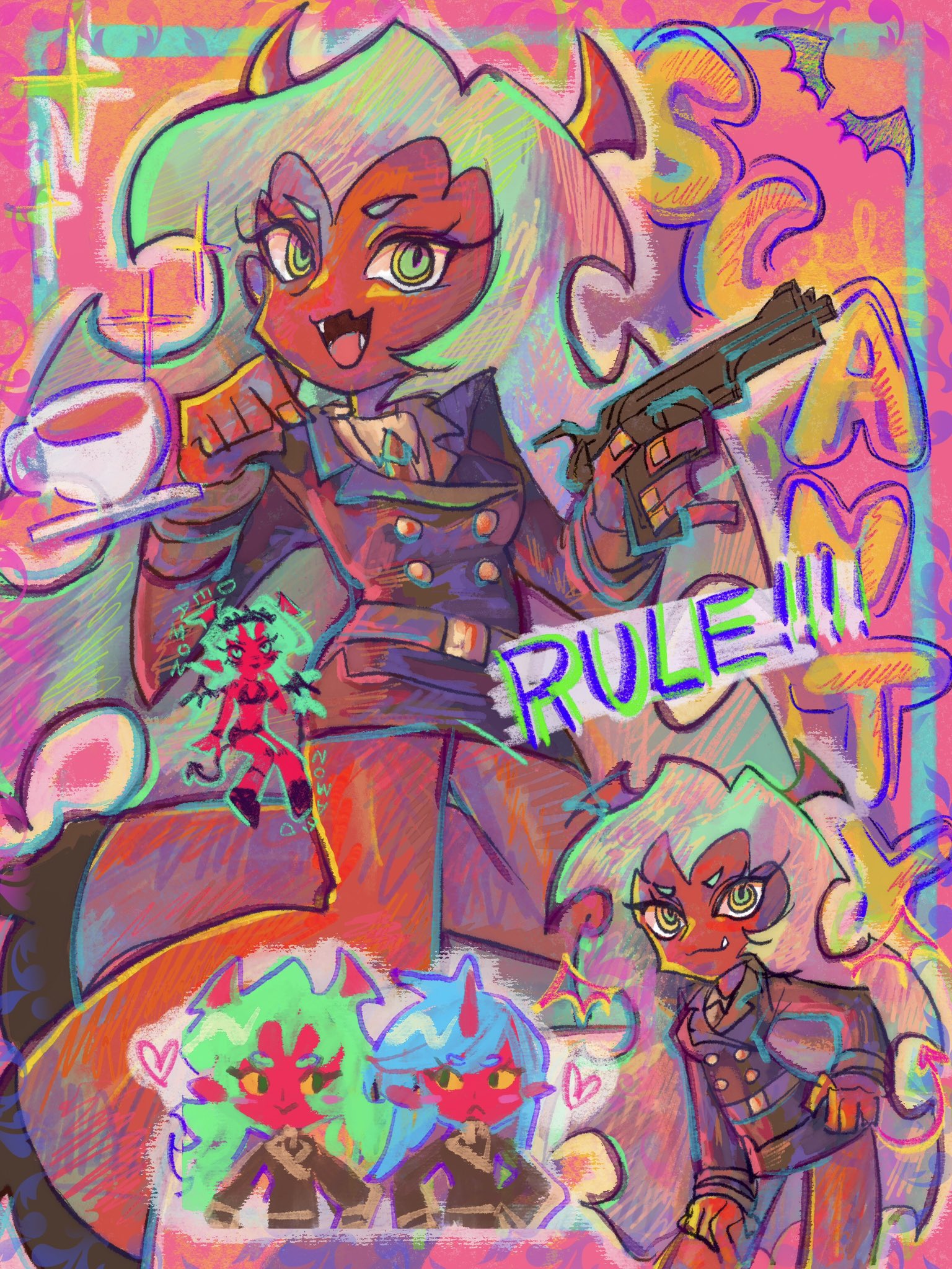 kneesocks (psg), scanty (psg), panty & stocking with garterbelt, highres, 2girls, blue hair, breasts, colored skin, demon girl, demon horns, fugugu n, green hair, horns, large breasts, long hair, looking at viewer, medium breasts, multiple girls, red skin, school uniform