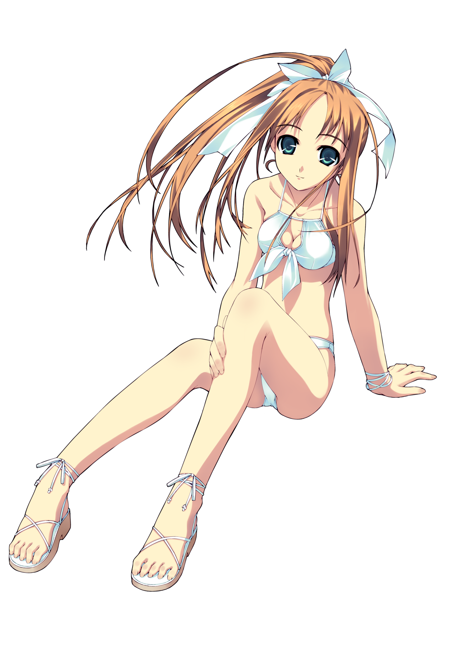 murakami suigun, f-ism, original, white footwear, highres, 1girl, arm support, bikini, breasts, brown hair, cleavage, collarbone, green eyes, hair ribbon, long hair, looking at viewer, medium breasts, ponytail, ribbon, sandals, sitting, smile, swimsuit, white background, white bikini