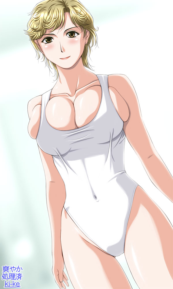 ki-ke, 1girl, blonde hair, breasts, female focus, large breasts, one-piece swimsuit, solo, standing, swimsuit, white one-piece swimsuit