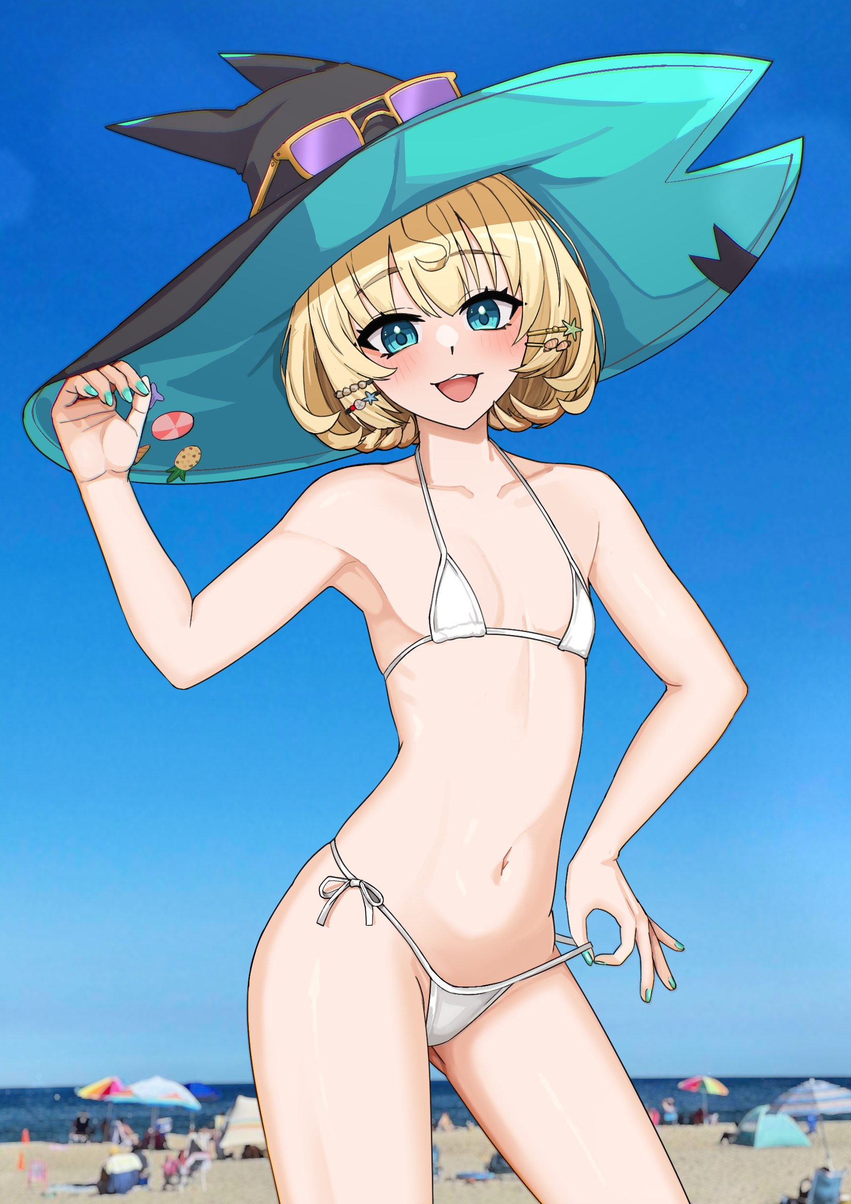 kuon bb, millie parfait, nijisanji, nijisanji en, absurdres, commentary, english commentary, highres, 1girl, :d, adjusting clothes, adjusting swimsuit, aqua hair, aqua nails, beach, bikini, blonde hair, blue sky, blush, bob cut, breasts, contrapposto, cowboy shot, eyewear on headwear, hat, large hat, linea alba, looking at viewer, medium hair, micro bikini, navel, open mouth, petite, photo background, ribs, side-tie bikini bottom, sky, small breasts, smile, solo focus, sunglasses, swimsuit, virtual youtuber, white bikini, witch hat