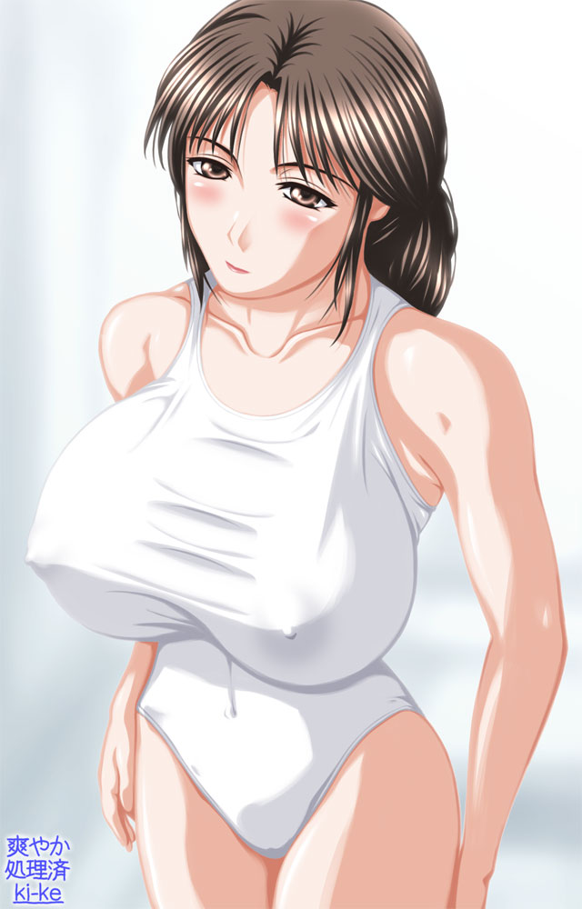 ki-ke, tagme, 1girl, breasts, female focus, gradient background, solo, standing, swimsuit, white background