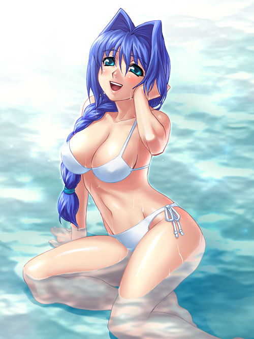 zen, minase akiko, kanon, 1girl, :d, aqua eyes, bikini, blue hair, blush, braid, breasts, cleavage, female focus, hair intakes, hair over shoulder, kneeling, large breasts, mature female, navel, open mouth, partially submerged, side-tie bikini bottom, single braid, sitting, smile, solo, swimsuit, water, white bikini, yokozuwari