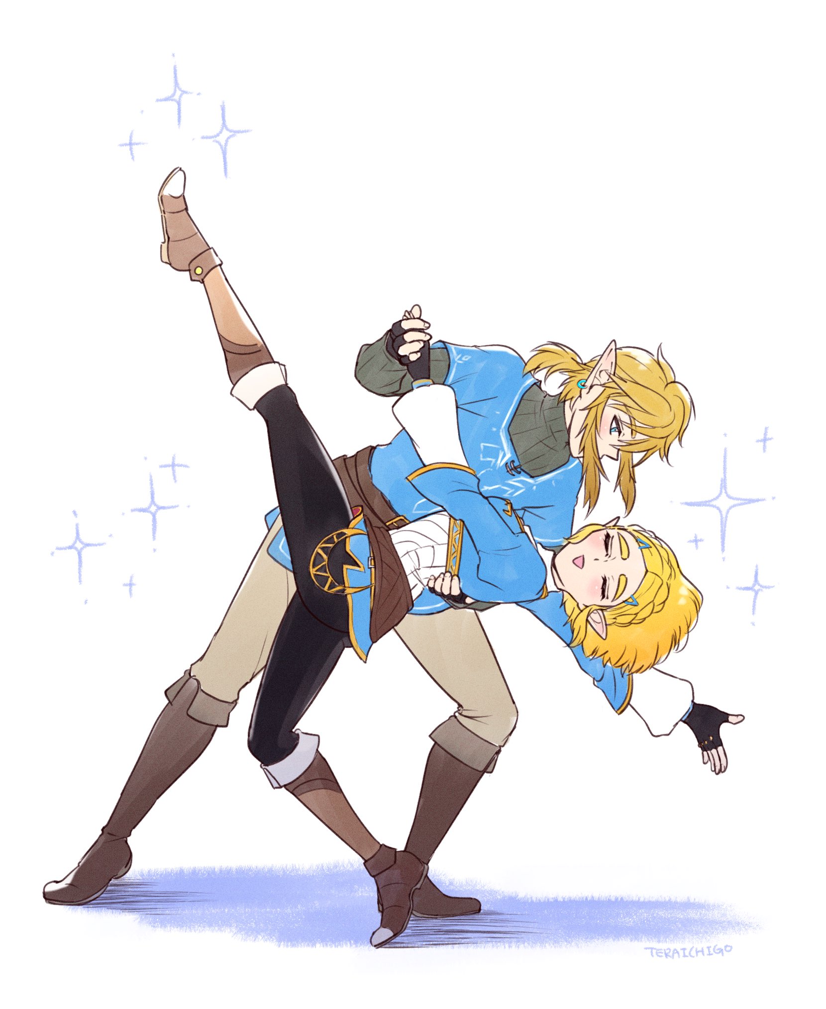 teraichigo, link, princess zelda, nintendo, the legend of zelda, the legend of zelda: tears of the kingdom, commentary, highres, symbol-only commentary, 1boy, 1girl, artist name, black gloves, black pants, blonde hair, blue eyes, blue shirt, blue tunic, boots, braid, brown boots, brown pants, champion's tunic (zelda), closed eyes, crown braid, dancing, earrings, fingerless gloves, fold-over boots, full body, gloves, gold trim, holding hands, jewelry, knee boots, layered sleeves, leg up, long sleeves, looking at another, open mouth, pants, pointy ears, ponytail, shirt, short hair, short over long sleeves, short ponytail, short sleeves, sidelocks, smile, sparkle background, tunic, white background