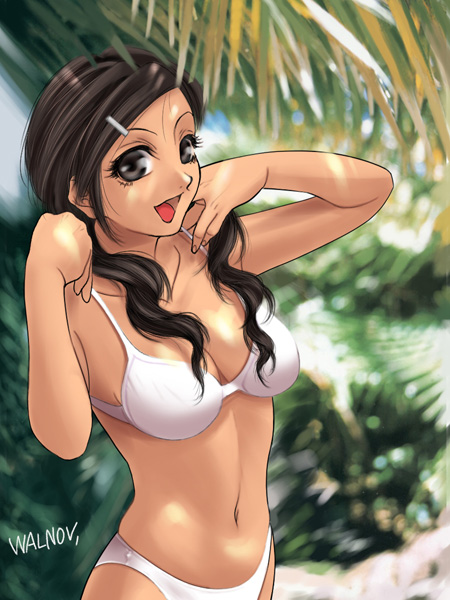 walnov, character request, copyright request, 1girl, bikini, black eyes, breasts, brown hair, cleavage, collarbone, hair ornament, hairclip, long hair, looking at viewer, medium breasts, navel, open mouth, palm tree, smile, standing, swimsuit, tree, white bikini
