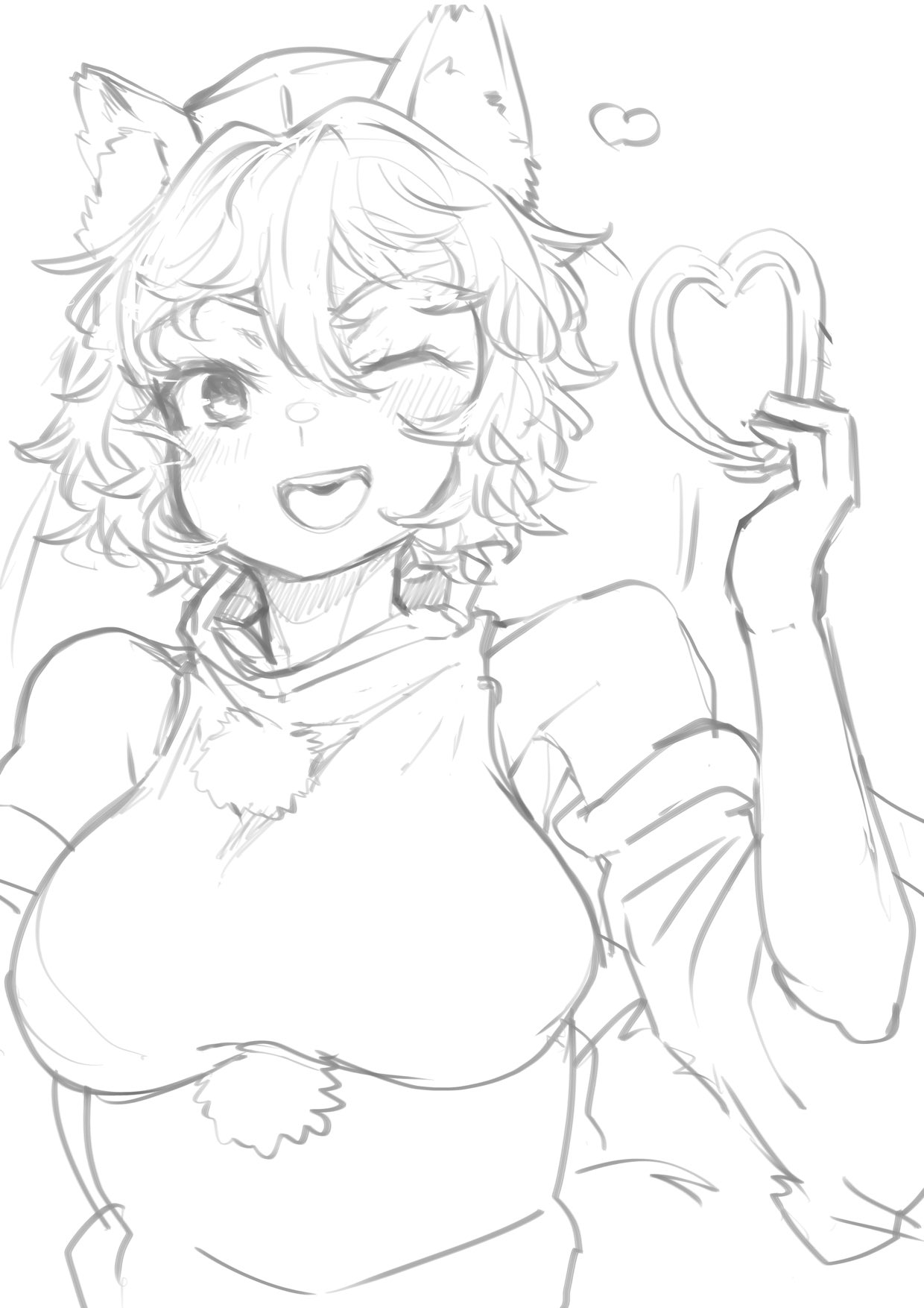 yoyoiro (sysi20), inubashiri momiji, touhou, commentary request, highres, 1girl, animal ears, arm up, blush, breasts, churro, detached sleeves, food, grin, hair between eyes, hat, heart, heart-shaped food, holding churro, large breasts, lineart, long sleeves, messy hair, one eye closed, pom pom (clothes), shirt, short hair, simple background, smile, solo, teeth, tokin hat, upper body, upper teeth only, white background, white hair, white shirt, wide sleeves, wolf ears, wolf girl