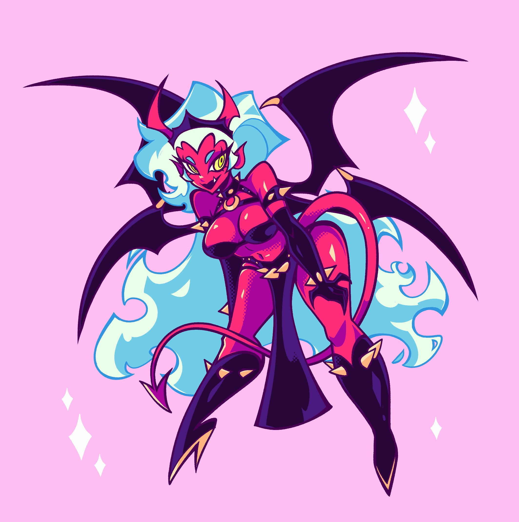 panty & stocking with garterbelt, highres, 1girl, black choker, bracelet, breasts, choker, cleavage, collar, colored skin, demon girl, demon horns, fang, gloves, green eyes, green hair, horns, jewelry, large breasts, long hair, noodlebowl pop, red skin, simple background, smile, solo, spiked bracelet, spiked collar, spikes, standing, studded armlet, thighs, very long hair, wings, yellow eyes