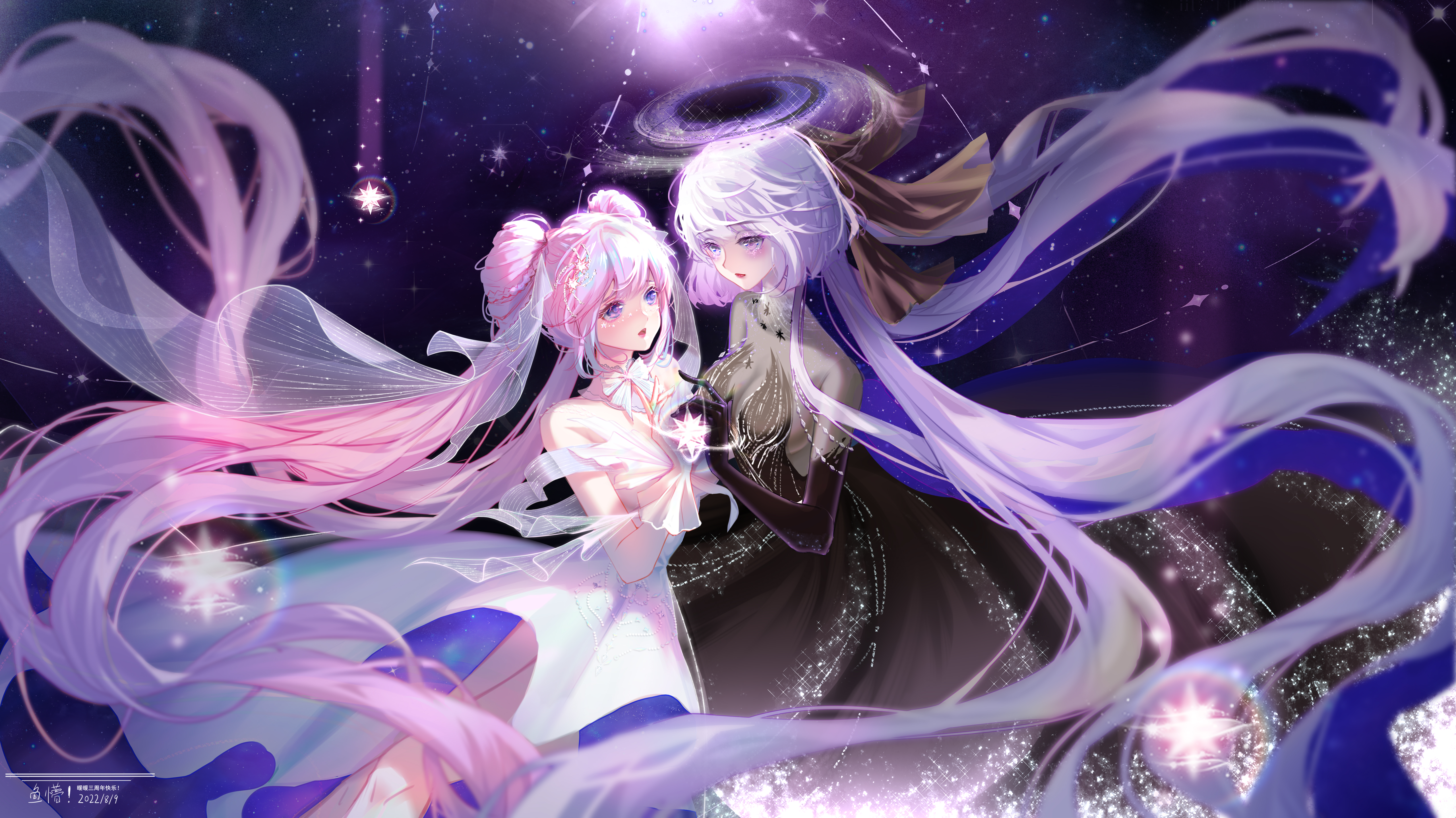 nikki (series), shining nikki, absurdres, highres, 2girls, absurdly long hair, black dress, black gloves, black hole, bow, bowtie, collar, colored inner hair, cowboy shot, detached collar, double bun, dress, elbow gloves, expressionless, floating hair, gloves, grey shirt, guides of star (shining nikki), hair bun, hair ornament, halo, holding hands, light particles, lipstick, long hair, looking at another, low neckline, makeup, multicolored hair, multiple girls, parted lips, pink hair, purple eyes, purple hair, red lips, see-through clothes, see-through shirt, shirt, shirt under dress, space, star (sky), star (symbol), star beyond galaxy (shining nikki), star hair ornament, strapless, strapless dress, striped bow, striped bowtie, striped clothes, twintails, very long hair, watermark, white bow, white bowtie, white collar, white dress, white gloves, yumeng u
