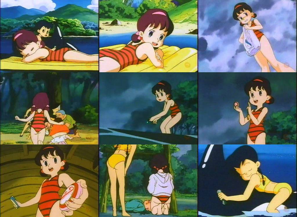 kagami atsuko, naniwa motoko, himitsu no akko-chan, screencap, 2girls, ass, barefoot, bikini, black eyes, bow, braid, breasts, brown hair, closed eyes, cloud, cloudy sky, double bun, grey hoodie, hair bow, hair bun, hood, hoodie, inflatable raft, lake, long sleeves, lying, mountain, multiple girls, one-piece swimsuit, open mouth, red one-piece swimsuit, short hair, sky, small breasts, smile, striped clothes, striped one-piece swimsuit, swimsuit, teeth, tree, water, yellow bikini