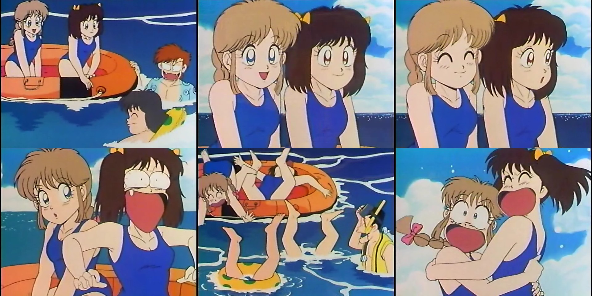 highres, 2girls, 3boys, bloodshot eyes, blue eyes, blue one-piece swimsuit, blue school swimsuit, blue shirt, blush, bow, breasts, brown eyes, brown hair, closed eyes, cloud, collarbone, crazy eyes, crazy smile, diving mask, fang, goggles, hair bow, hair ribbon, inflatable raft, innertube, laughing, long hair, multiple boys, multiple girls, ocean, one-piece swimsuit, open clothes, open mouth, open shirt, pink ribbon, ponytail, ribbon, school swimsuit, shirt, short hair, short sleeves, sky, small breasts, smile, snorkel, swim ring, swimsuit, twintails, water, yellow bow, yellow shirt