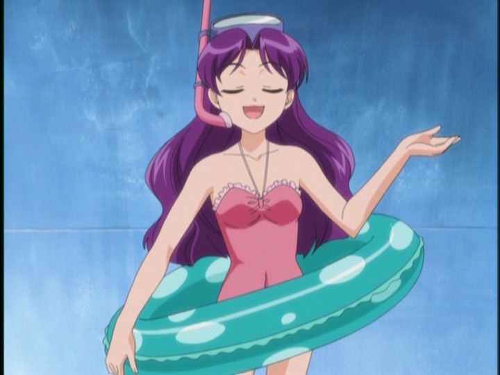 miyuki mayu, ai yori aoshi, anime screenshot, 1girl, breasts, closed eyes, collarbone, diving mask, diving mask on head, frilled one-piece swimsuit, frills, goggles, goggles on head, innertube, long hair, one-piece swimsuit, open mouth, pink one-piece swimsuit, purple hair, small breasts, smile, snorkel, standing, swim ring, swimsuit
