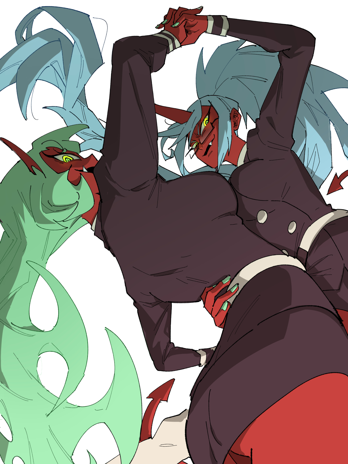 korokoro daigorou, kneesocks (psg), scanty (psg), panty & stocking with garterbelt, highres, 2girls, ass, blue hair, breasts, colored skin, demon girl, demon horns, green hair, horns, large breasts, long hair, looking at viewer, medium breasts, multiple girls, red skin, school uniform
