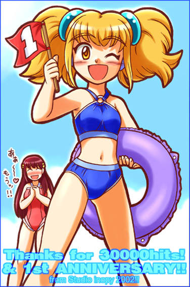 studio inopy, 2girls, anniversary, bikini, blonde hair, blue bikini, blush, breasts, brown hair, closed eyes, cloud, flag, hair ornament, holding, holding flag, holding swim ring, innertube, long hair, looking at viewer, multiple girls, navel, o-ring, o-ring bikini, one-piece swimsuit, one eye closed, open mouth, red one-piece swimsuit, sky, small breasts, smile, standing, swim ring, swimsuit, twintails, wink, yellow eyes