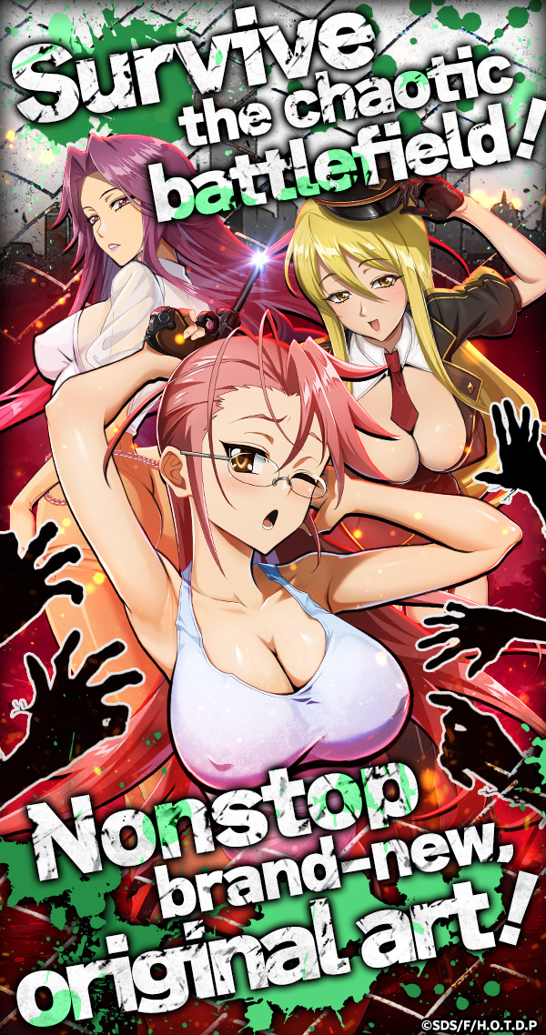 marikawa shizuka, takagi saya, takagi yuriko, g123, highschool of the dead, official art, 3girls, blonde hair, breasts, cleavage, collarbone, glasses, hat, large breasts, long hair, multiple girls, one eye closed, pink hair, purple eyes, purple hair