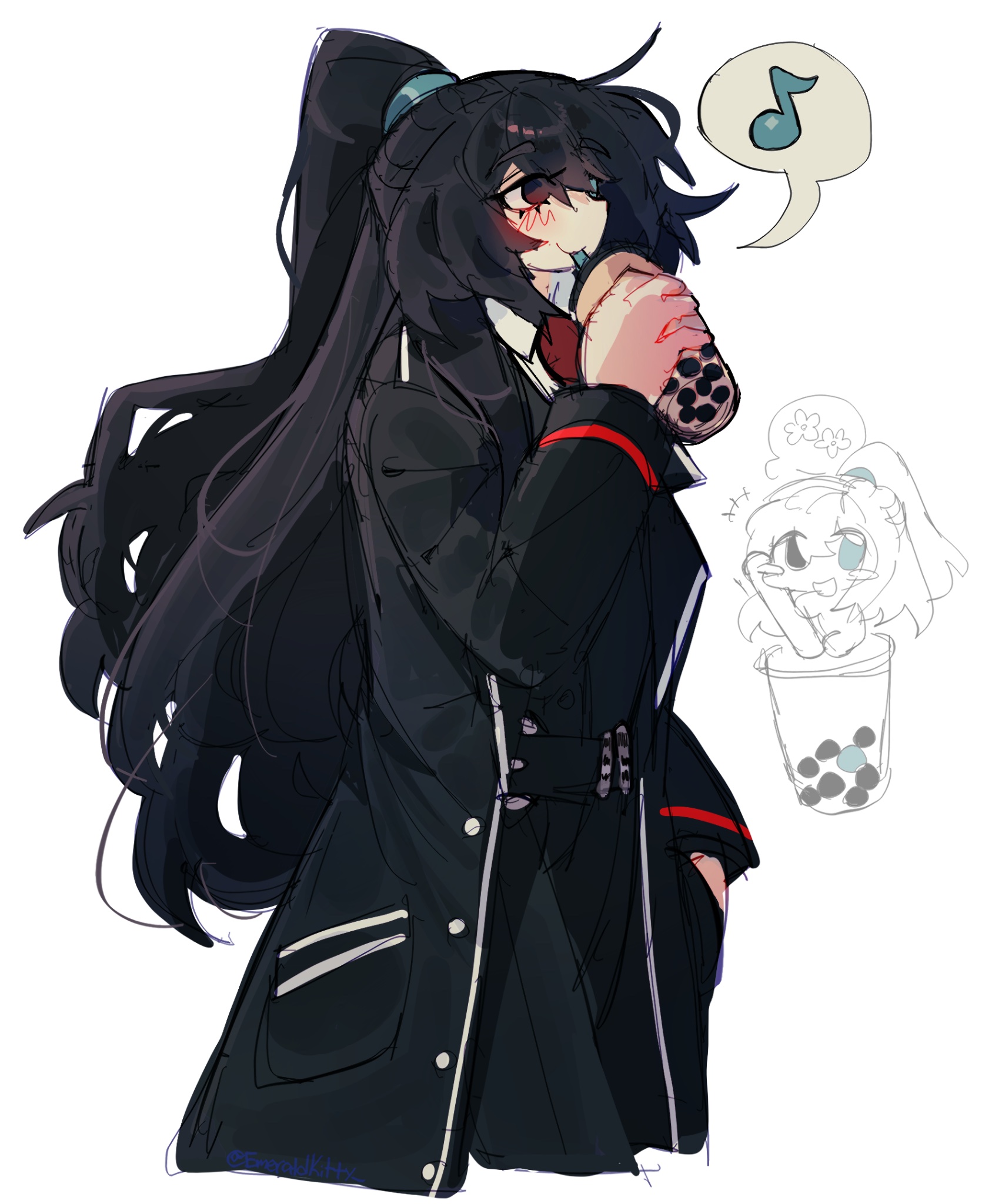 emerald kitty, hong lu (project moon), limbus company, project moon, highres, 1boy, black coat, black eyes, black hair, black pants, black vest, blue eyes, bubble tea, chibi, chibi inset, coat, collared shirt, drinking straw, heterochromia, high ponytail, long hair, long sleeves, male focus, musical note, necktie, pants, ponytail, red necktie, shirt, simple background, solo, spoken musical note, standing, upper body, vest, white background, white shirt