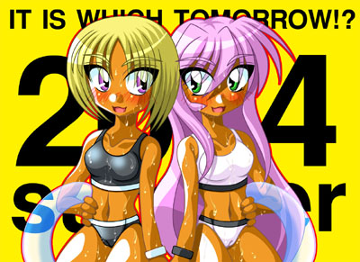 artist request, character request, copyright request, lowres, 00s, 2004, 2girls, bikini, black bikini, blonde hair, blush, breasts, collarbone, green eyes, hand on own hip, innertube, large breasts, long hair, looking at another, multiple girls, navel, open mouth, pink hair, purple eyes, short hair, smile, standing, summer, swim ring, swimsuit, wet, white bikini, wristband, yellow background