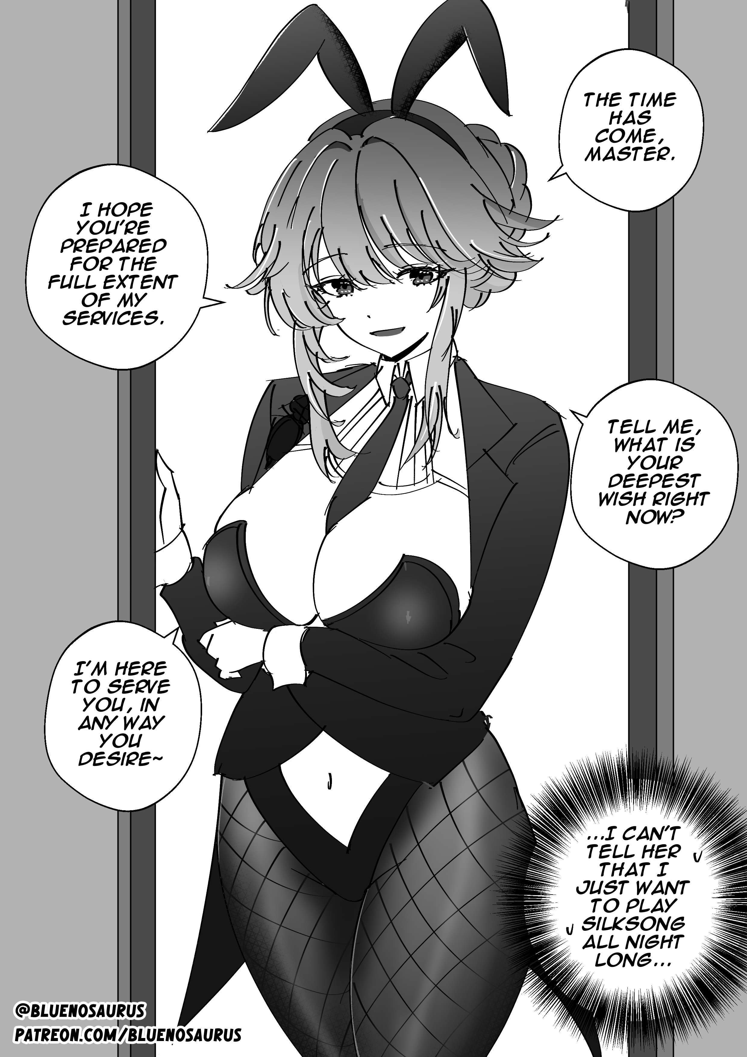 bluenosaurus, ade (agent bunny) (nikke), ade (nikke), goddess of victory: nikke, 1girl, breasts, doorway, english text, large breasts, leotard, monochrome, navel, playboy bunny, rabbit ears, twitter username