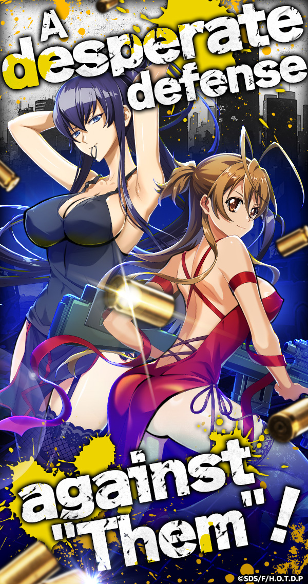 busujima saeko, miyamoto rei, g123, highschool of the dead, official art, 2girls, ass, backless dress, backless outfit, blue eyes, breasts, cleavage, dress, garter straps, large breasts, long hair, multiple girls, purple hair, red dress, sideboob