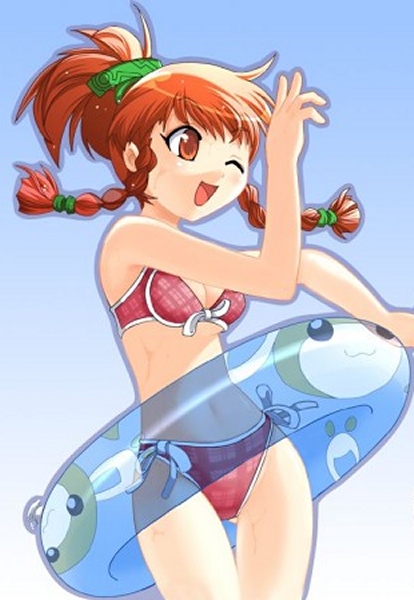 kinriki mantou, aibara natsumi, hello world., nitroplus, 1girl, bikini, blue background, braid, breasts, cleavage, gradient background, green ribbon, hair ribbon, innertube, long hair, medium breasts, navel, one eye closed, open mouth, pink bikini, plaid bikini, plaid clothes, ponytail, red eyes, red hair, ribbon, side-tie bikini bottom, smile, standing, swim ring, swimsuit, twin braids, wet