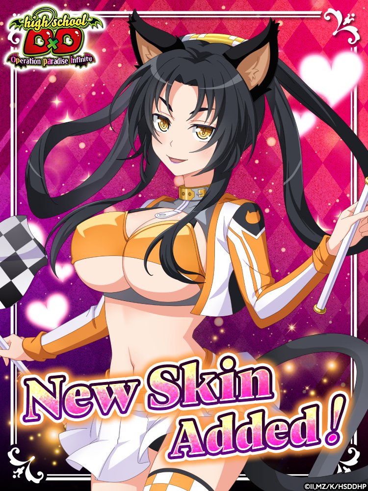 kuroka (high school dxd), g123, high school dxd, high school dxd operation paradise infinity, official art, 1girl, animal ears, black hair, breasts, cat ears, cleavage, large breasts, looking at viewer, midriff, navel, revealing clothes, skirt, smile, solo, thighhighs, underboob