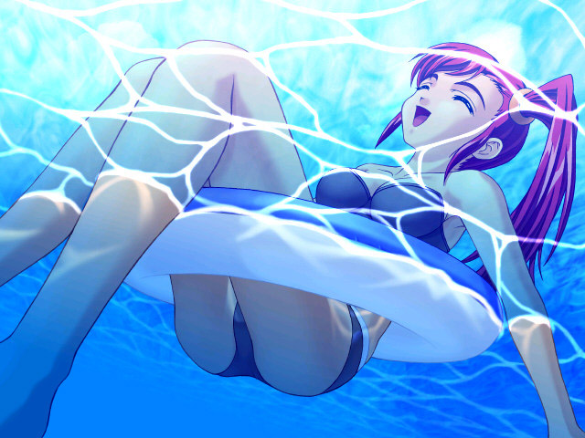 mizukimaru, chinen yuka, f&c, fairytale, sakuranbo kaigan, 1girl, ass, barefoot, bikini, breasts, cleavage, closed eyes, collarbone, from below, hair ornament, innertube, long hair, medium breasts, ocean, open mouth, partially submerged, ponytail, purple bikini, purple hair, side ponytail, sidelocks, sitting, smile, swim ring, swimsuit, water