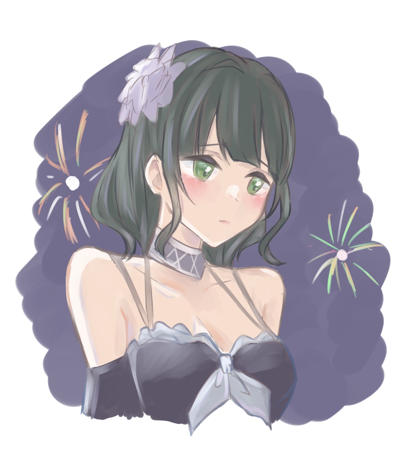 tikuwa l, momose ginko, link! like! love live!, love live!, highres, 1girl, aerial fireworks, atarayo hanabi, bare shoulders, bikini, black bikini, blunt bangs, blush, border, breasts, cleavage, closed mouth, fireworks, flower, green eyes, green hair, hair flower, hair ornament, medium breasts, medium hair, multi-strapped bikini top, raised inner eyebrows, solo, swimsuit, virtual youtuber, white border, white flower