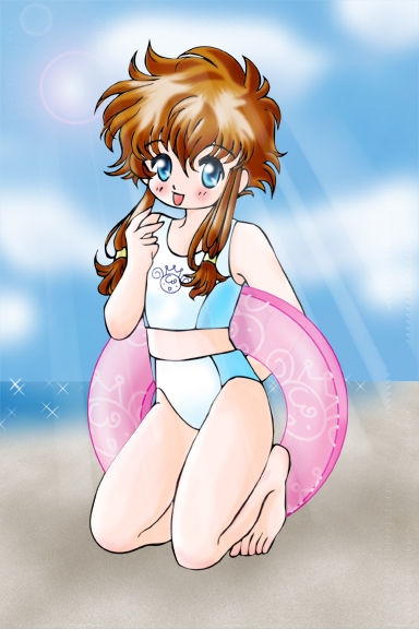 artist request, character request, copyright request, 1girl, barefoot, beach, bikini, blue eyes, blush, brown hair, flat chest, innertube, light rays, looking at viewer, ocean, open mouth, sand, short hair, smile, sunbeam, sunlight, swim ring, swimsuit, water, white bikini