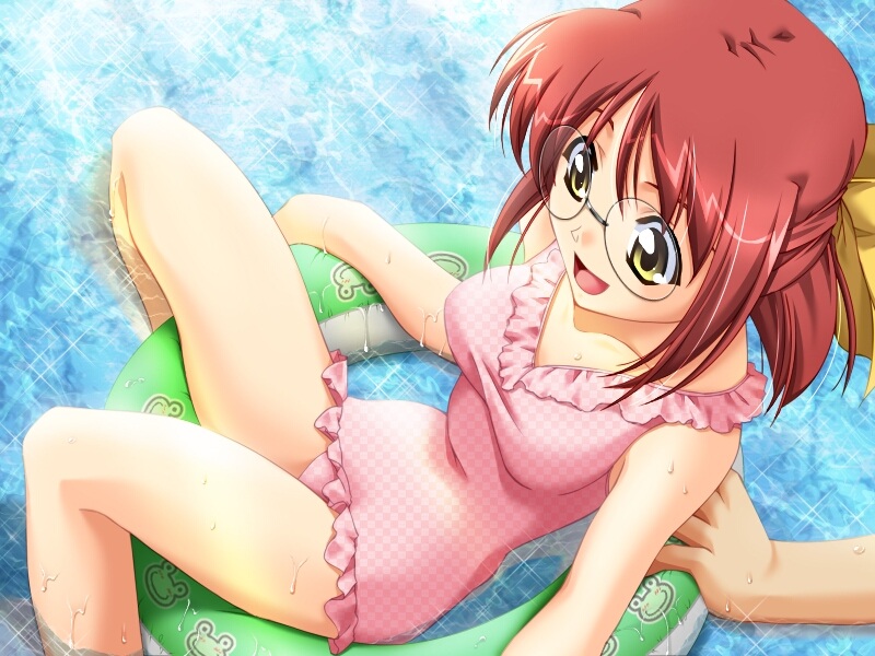 murakami suigun, kurahashi mei, oyakusoku love, game cg, non-web source, 1girl, afloat, female focus, floating, glasses, innertube, one-piece swimsuit, red hair, short hair, solo, swim ring, swimsuit, yellow eyes