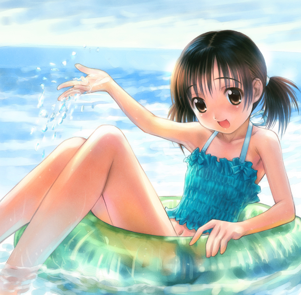 goto p, 1girl, bare shoulders, barefoot, beach, bikini, brown eyes, brown hair, child, female focus, flat chest, formal clothes, innertube, navel, ocean, partially submerged, soaking feet, solo, splashing, swim ring, swimsuit, tankini, twintails, water