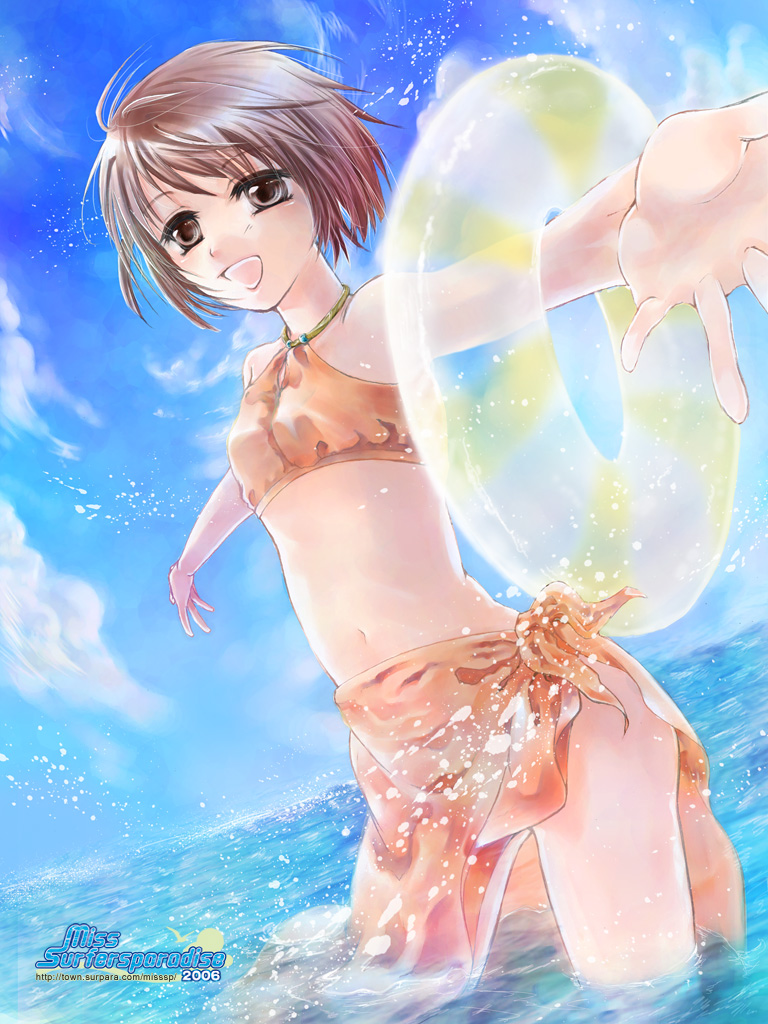 tagme, 1girl, brown hair, female focus, innertube, navel, ocean, outdoors, solo, swim ring, swimsuit
