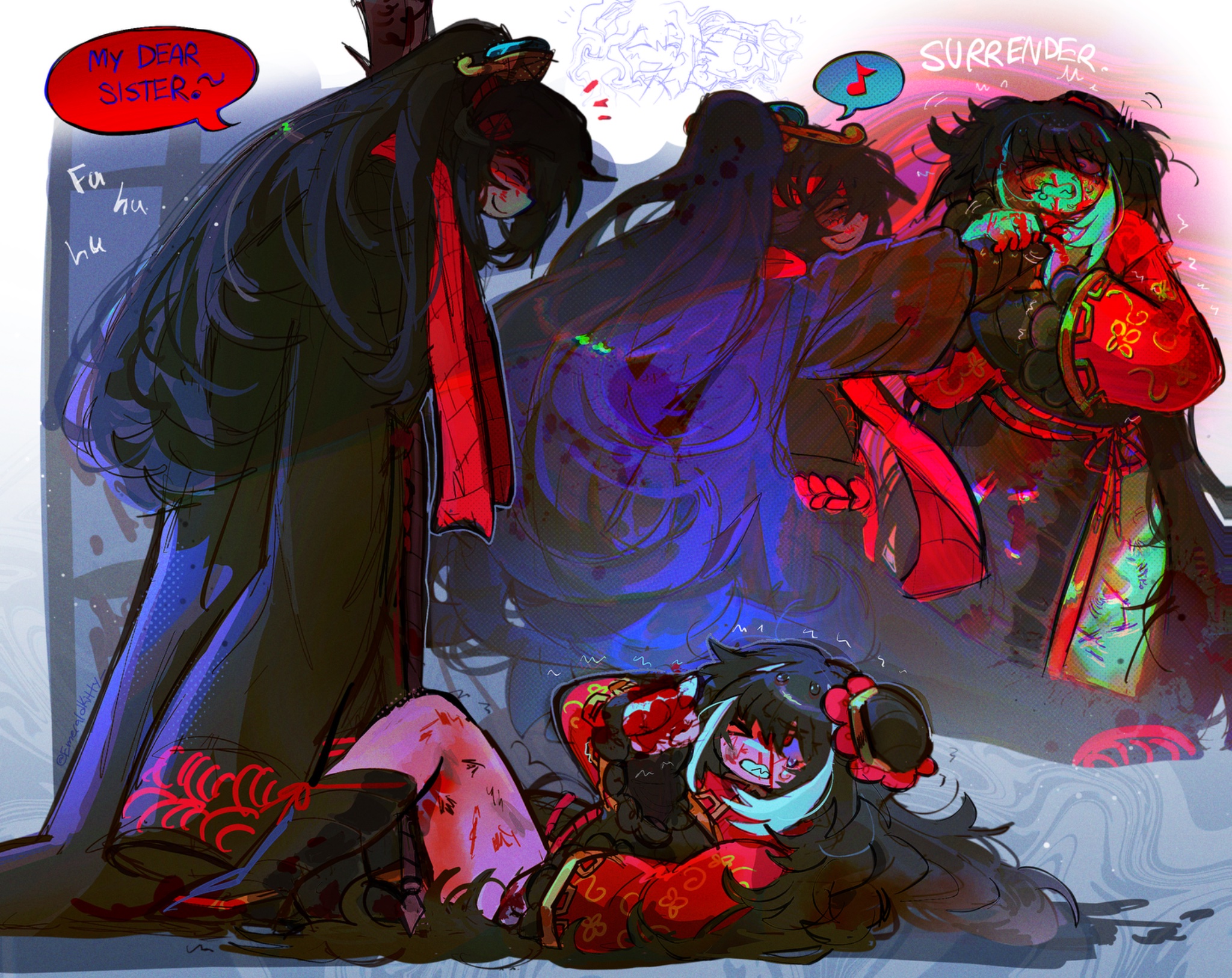 emerald kitty, hong lu (project moon), jia xichun (project moon), limbus company, project moon, highres, > o, 1boy, 1girl, bandage over one eye, black dress, black eyes, black hair, black hanfu, bleeding, blood, blood on hands, breasts, chinese clothes, dress, family hierarch candidate (identity) (project moon), full body, grey background, guan dao, hair bun, hair down, hanfu, high ponytail, long hair, long sleeves, looking at another, lying, multicolored hair, musical note, on back, one eye closed, pink eyes, polearm, ponytail, red shrug, rope belt, siblings, simple background, spoken musical note, standing, strangling, streaked hair, weapon