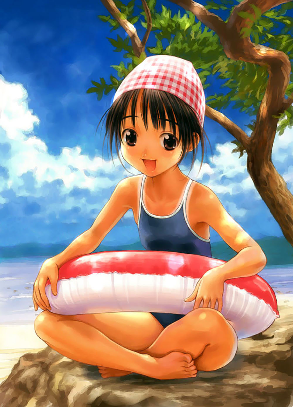 goto p, highres, jpeg artifacts, 1girl, :d, barefoot, beach, black hair, blue one-piece swimsuit, brown eyes, cloud, competition school swimsuit, female focus, full body, indian style, innertube, looking at viewer, mountain, ocean, on rock, one-piece swimsuit, open mouth, outdoors, rock, school swimsuit, short hair, sitting, sky, smile, solo, swim cap, swim ring, swimsuit, tan, tanline, tree, water