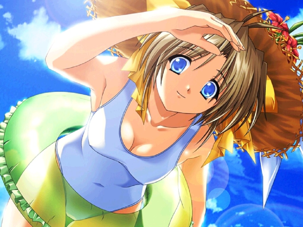 tagme, blue eyes, brown hair, cloud, hat, innertube, sky, swimsuit