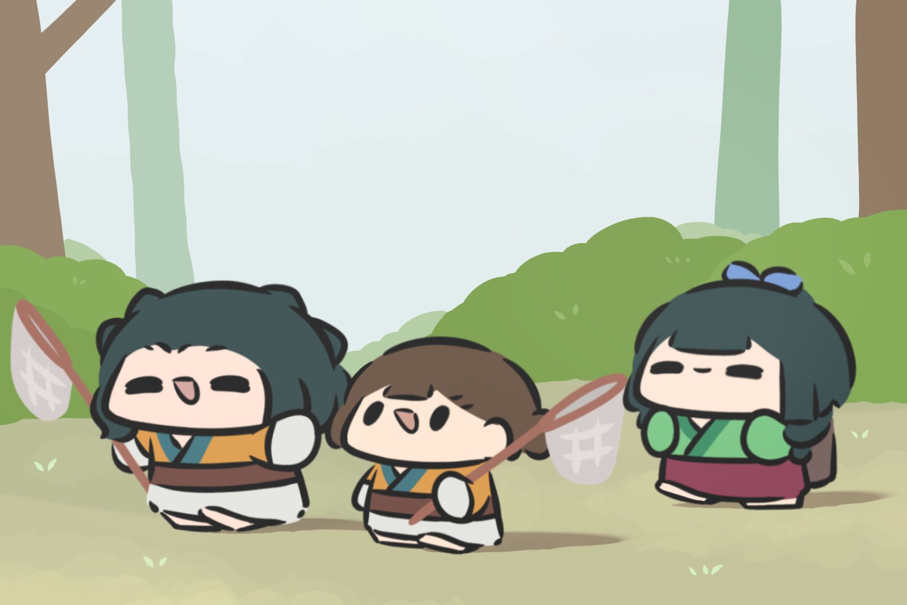 superappleman, maomao (kusuriya no hitorigoto), shisui (kusuriya no hitorigoto), xiaolan (kusuriya no hitorigoto), kusuriya no hitorigoto, commentary, highres, symbol-only commentary, 3girls, barefoot, brown hair, butterfly net, chibi, chibi only, chinese clothes, closed mouth, green hair, green hanfu, hand net, hanfu, holding, holding butterfly net, multiple girls, open mouth, outdoors, smile, solid oval eyes, walking