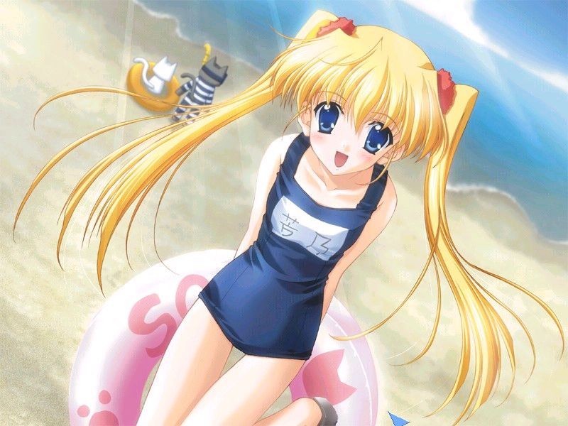 nanao naru, utamaru, yoshino sakura, da capo, black footwear, 1girl, beach, blonde hair, blue eyes, blue one-piece swimsuit, blush, cat, cloud, collarbone, diving mask, goggles, grey fur, holding, innertube, light rays, loli, long hair, looking at viewer, name tag, ocean, one-piece swimsuit, open mouth, sand, sandals, school uniform, scrunchie, sky, smile, standing, striped clothes, striped one-piece swimsuit, sunbeam, sunlight, swim ring, swimsuit, twintails, water, white fur