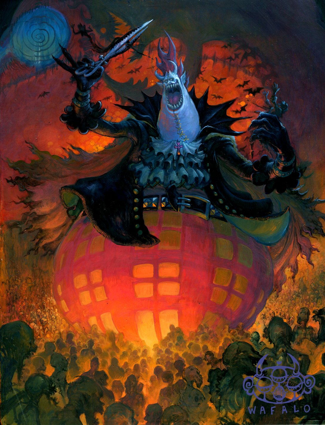 wafalo, gecko moria, one piece, acrylic paint (medium), commentary, english commentary, highres, painting (medium), traditional media, 1boy, ascot, bat (animal), belt, black coat, coat, evil smile, giant, hair up, holding, holding scissors, horns, open mouth, purple hair, scissors, shadow, sharp teeth, smile, teeth, watermark, white ascot, zombie