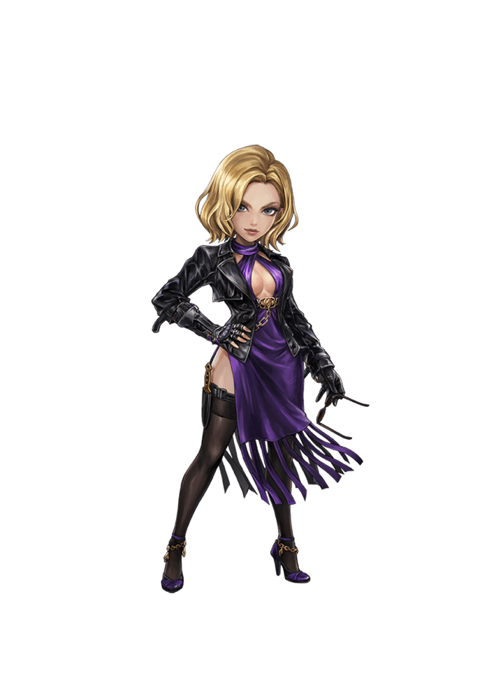 nina williams, namco, summoners war, tekken, tekken 8, official art, 1girl, blonde hair, breasts, cleavage, crossover, dress, high heels, jacket, large breasts, purple dress, solo, thighhighs