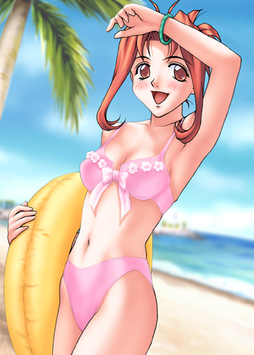 joy ride, libido, yusa rinko, houkago ren-ai club, 1girl, beach, bikini, blush, bracelet, breasts, brown eyes, brown hair, cloud, collarbone, holding, innertube, jewelry, looking at viewer, medium breasts, navel, ocean, open mouth, palm tree, pink bikini, sand, short hair, sky, smile, standing, swim ring, swimsuit, tree, water