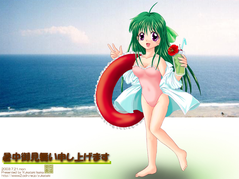 yukataki isaka, character request, copyright request, 00s, 1girl, 2003, ahoge, barefoot, beach, blush, breasts, cherry, cleavage, cloud, collarbone, cup, dated, drink, drinking glass, drinking straw, flower, food, fruit, green hair, green ribbon, hair ribbon, holding, holding cup, holding drink, innertube, july, long hair, long sleeves, looking at viewer, medium breasts, ocean, off-shoulder shirt, off shoulder, one-piece swimsuit, open clothes, open mouth, open shirt, pink one-piece swimsuit, purple eyes, red flower, ribbon, sand, shirt, sky, smile, standing, summer, swim ring, swimsuit, tropical drink, v, water, white shirt