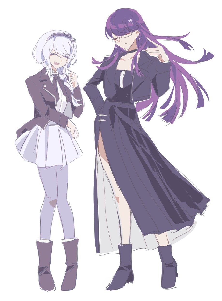 100horses, kirifuji nozomi, shizuhara hiruko, the hundred line -last defense academy-, commentary, english commentary, highres, 2girls, ^ ^, black choker, black dress, black hairband, black jacket, black ribbon, black shoes, braid, choker, closed eyes, dress, earrings, facing viewer, full body, glasses, grey hair, grey pantyhose, hair flip, hairband, hand up, high heels, invisible floor, jacket, jewelry, lapels, long hair, multiple girls, neck ribbon, notched lapels, pantyhose, purple hair, ribbon, shirt, shoes, side slit, simple background, skirt, smile, standing, white background, white shirt, white skirt