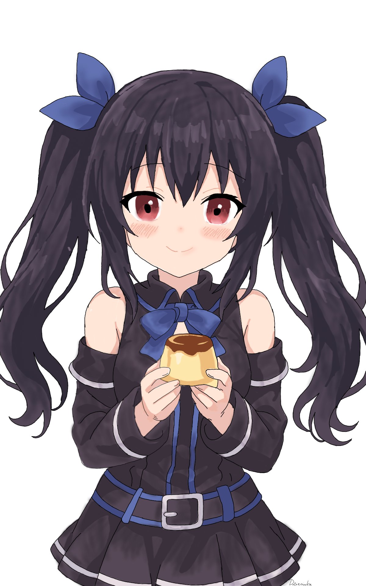 noire (neptunia), neptune (series), highres, 1girl, aged down, belt buckle, black dress, black hair, black sleeves, blue bow, blush, bow, buckle, detached sleeves, dress, dziecinka, food, hair ribbon, holding, holding food, long hair, pudding, red eyes, ribbon, signature, smile, solo, twintails, white background