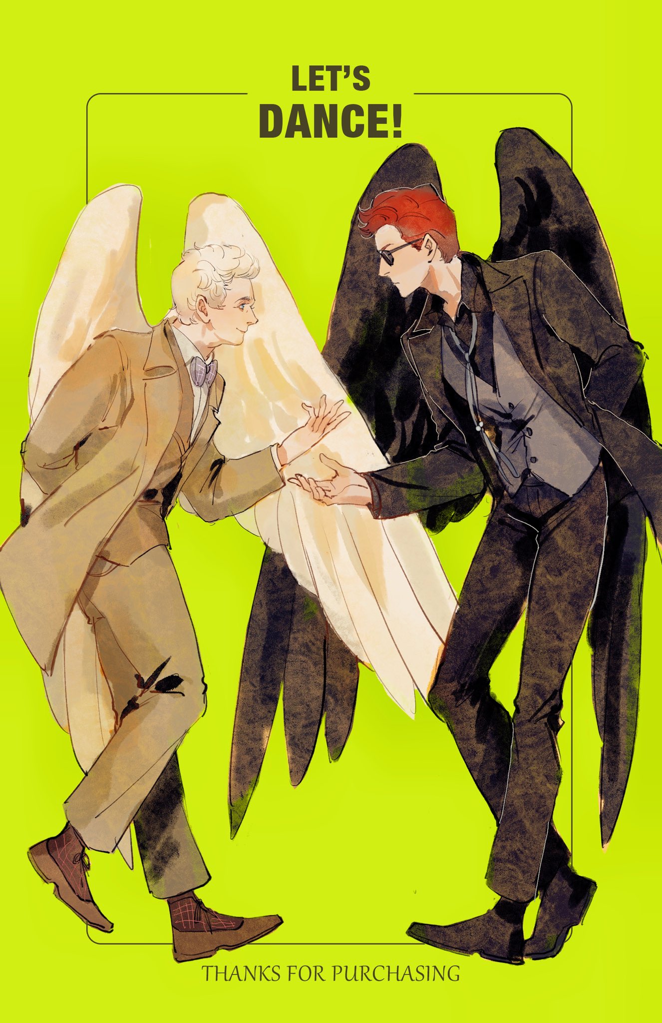 mianlei yanjiu xuezhe, aziraphale (good omens), crowley (good omens), good omens, highres, 2boys, angel, angel and devil, angel wings, black suit, demon boy, demon wings, fallen angel, formal clothes, multiple boys, red hair, suit, white hair, white suit, wings