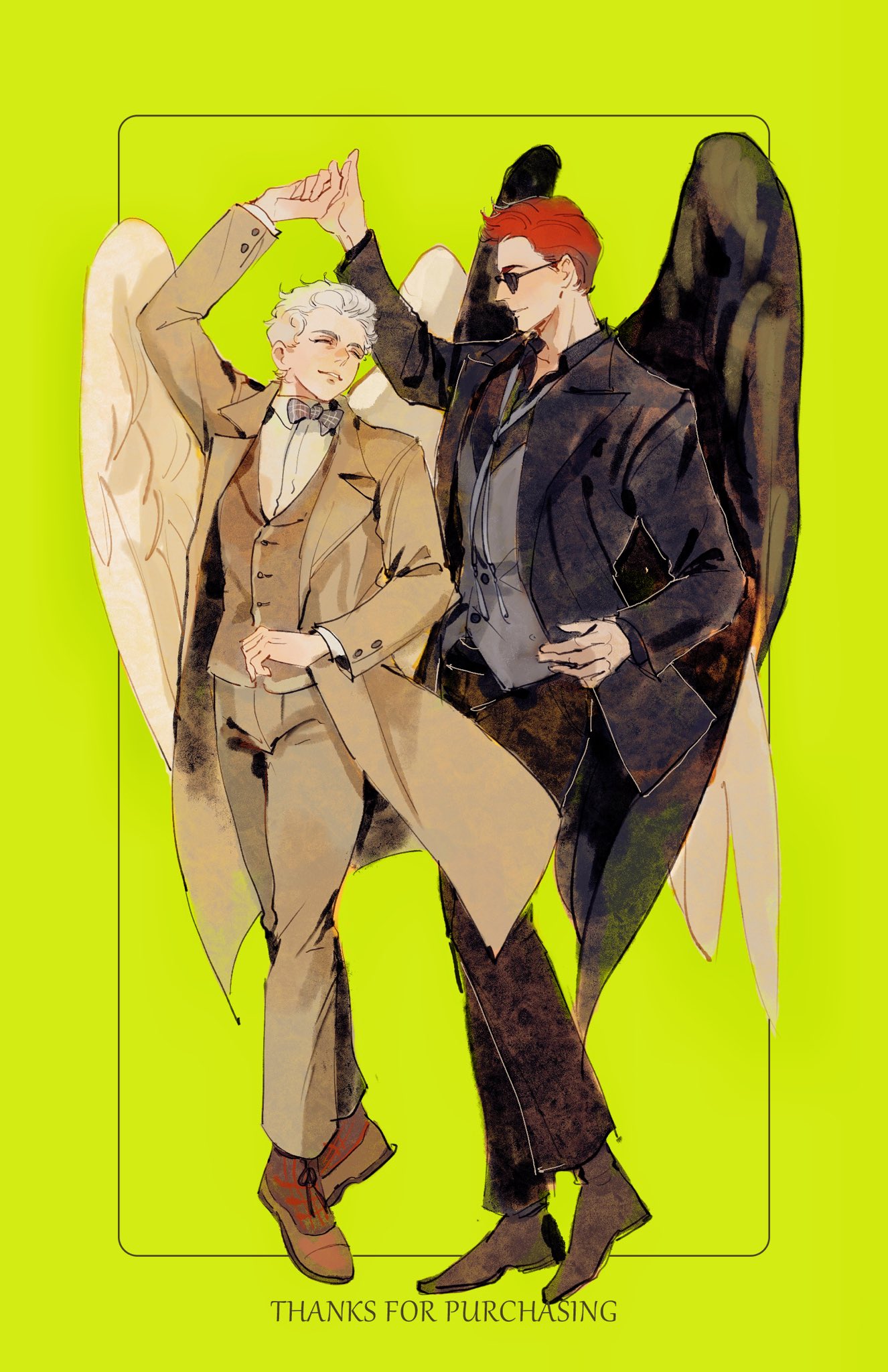 mianlei yanjiu xuezhe, aziraphale (good omens), crowley (good omens), good omens, highres, 2boys, angel, angel and devil, angel wings, black suit, demon boy, demon wings, fallen angel, formal clothes, multiple boys, red hair, suit, white hair, white suit, wings