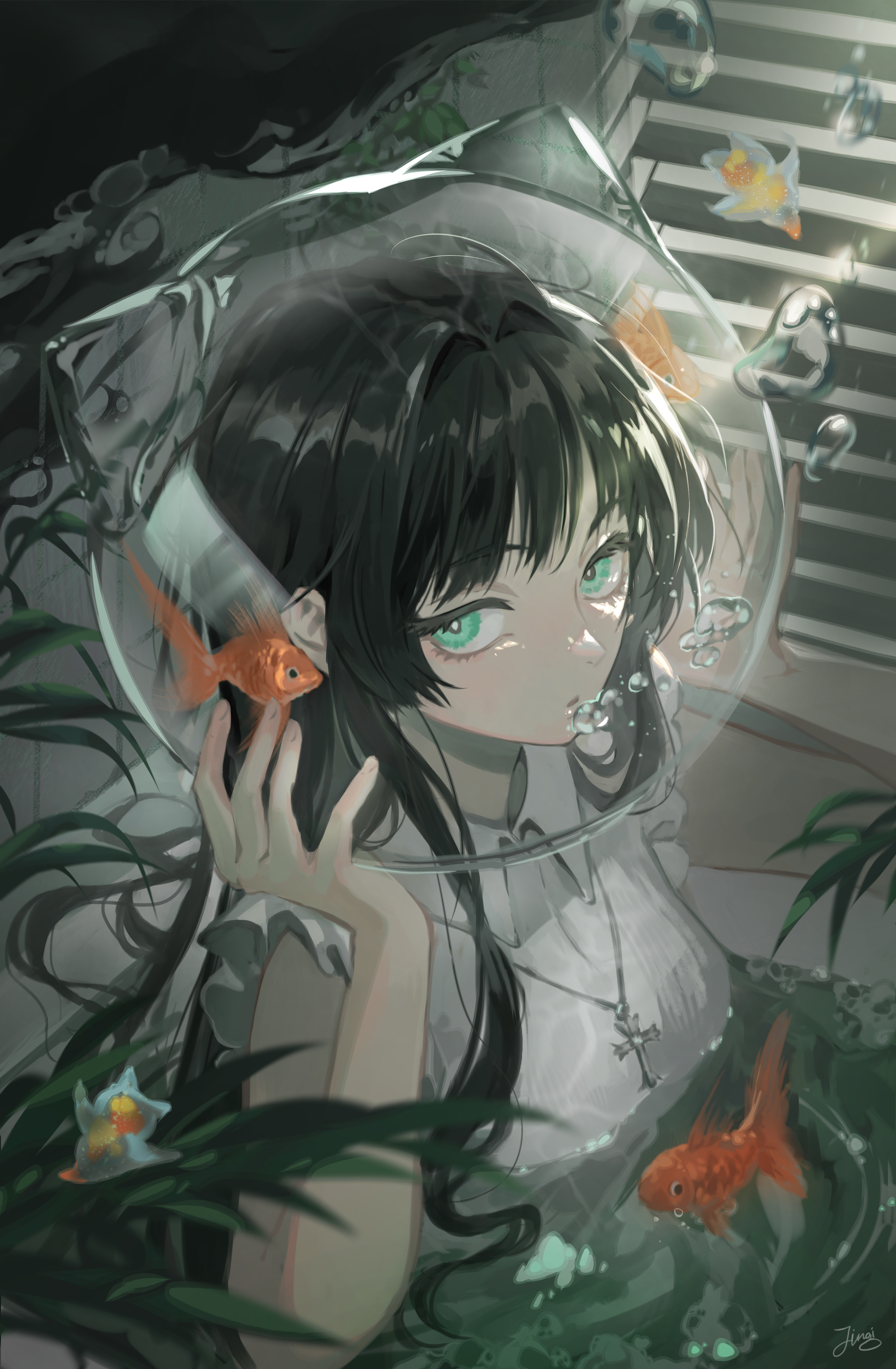 jinji (j ingi), original, absurdres, highres, 1girl, air bubble, aqua eyes, black hair, bubble, collared shirt, cross, fins, fish, frilled skirt, frills, goldfish, hands up, head fins, jewelry, leaf, long hair, looking at viewer, necklace, plant, sea angel, shadow, shirt, skirt, sleeveless, sleeveless shirt, solo, stairs, submerged, underwater, water, white shirt