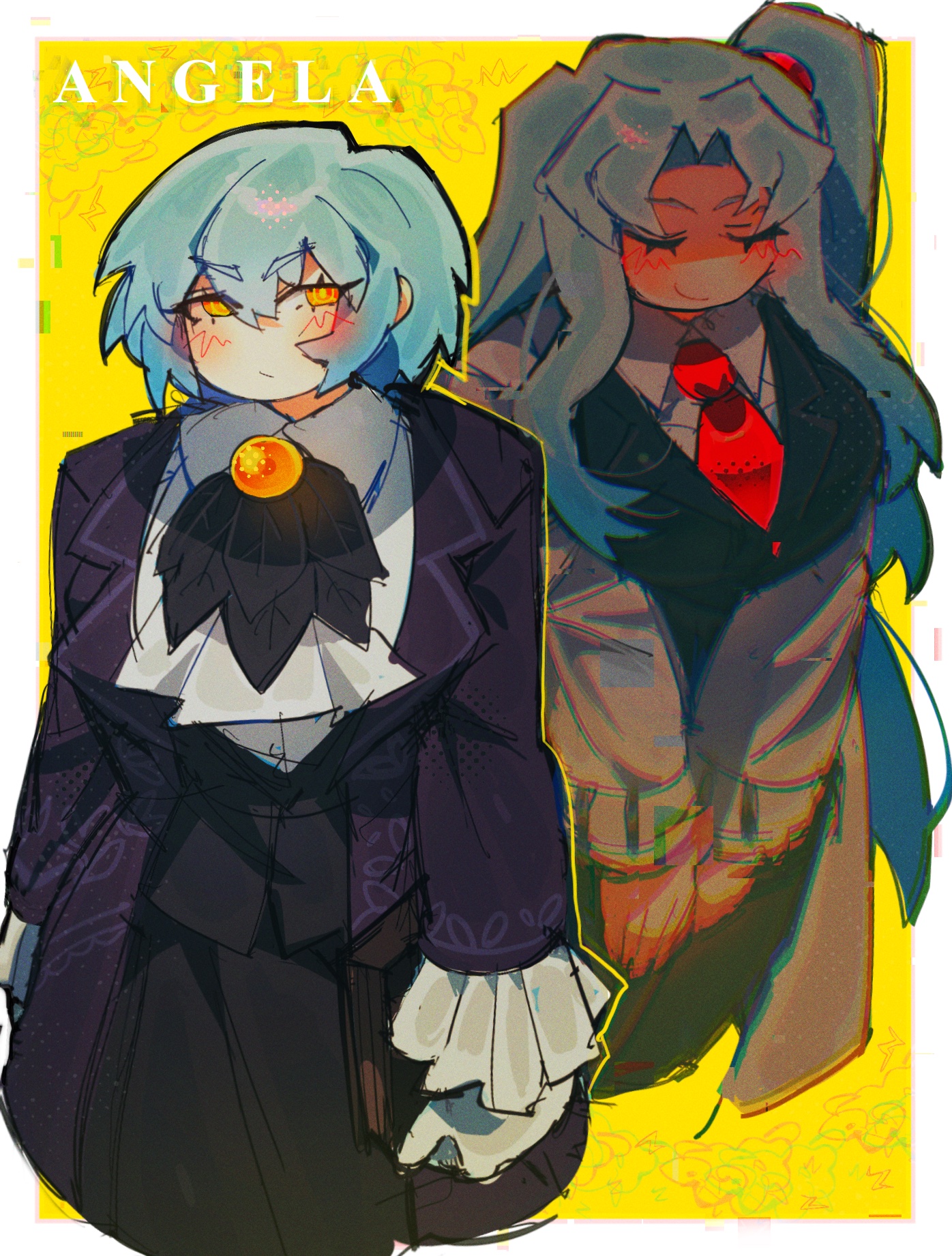 emerald kitty, angela (project moon), dreaming electric sheep, library of ruina, lobotomy corporation, project moon, highres, 1girl, ascot, black skirt, black vest, blue coat, blue hair, blush, book, border, breasts, character name, closed eyes, closed mouth, coat, collared shirt, holding, holding book, lab coat, large breasts, long hair, long sleeves, looking at viewer, multiple views, necktie, one side up, parted bangs, red necktie, shirt, short hair, simple background, skirt, smile, solo, standing, upper body, vest, white ascot, white border, white coat, white shirt, yellow background, yellow eyes