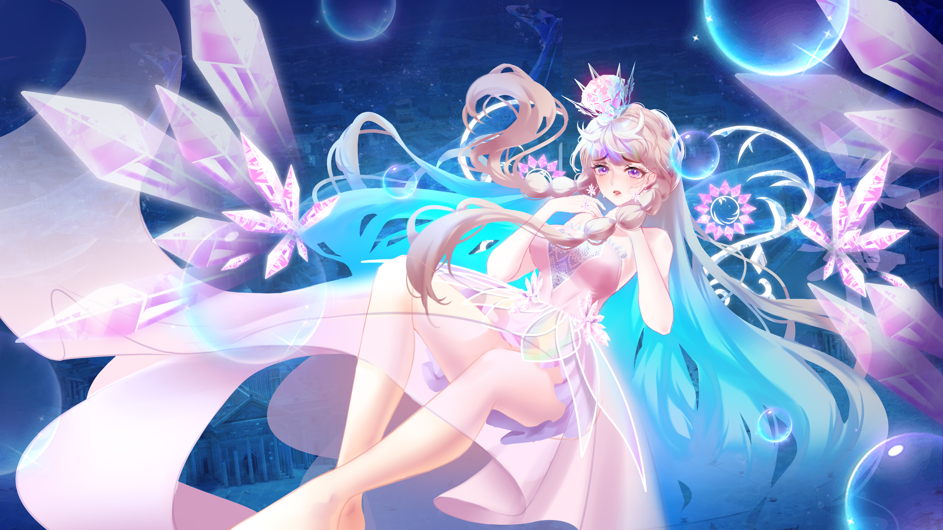 nikki (nikki), nikki (series), shining nikki, absurdres, highres, 1girl, bare arms, bare legs, bare shoulders, barefoot, blue hair, breasts, bubble, city, colored inner hair, crown, crying, crying with eyes open, crystal wings, diamond (gemstone), diamond teardrop (shining nikki), dress, earrings, eyelashes, falling, feet out of frame, floating hair, frilled dress, frills, gem, gown, hands on own chest, jewelry, knees, large breasts, light particles, lipstick, long sidelocks, makeup, mechanical wings, mini crown, multi-tied hair, multicolored hair, night, outdoors, parted lips, pink dress, pink gemstone, pink hair, purple eyes, red lips, sad, see-through clothes, see-through dress, sidelocks, solo, strapless, strapless dress, teardrop, tears, two-tone hair, wings, yumeng u